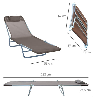 Outsunny Outdoor Foldable Sun Lounger, Adjustable Backrest Garden Recliner Sun Lounger Chair with Headrest Pillow, Coffee 