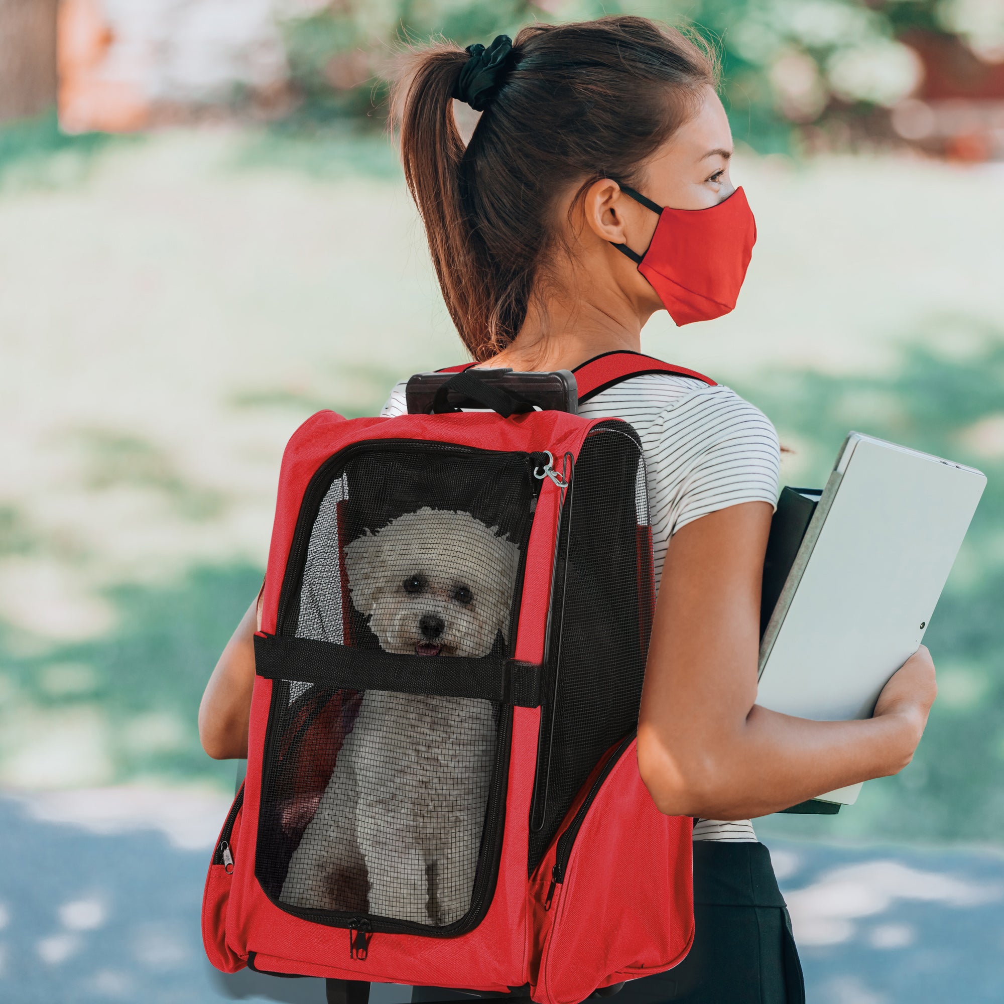 PawHut Pet Travel Backpack Bag Cat Puppy Dog Carrier w/ Trolley and Telescopic Handle Portable Stroller Wheel Luggage Bag (Red) 
