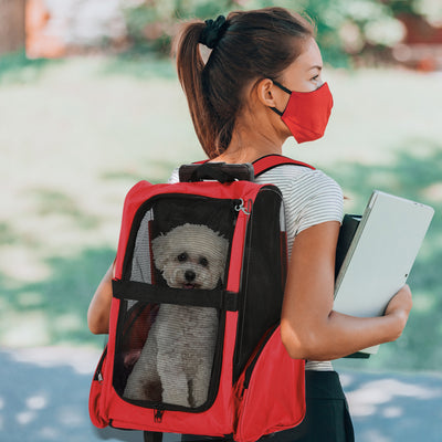 PawHut Pet Travel Backpack Bag Cat Puppy Dog Carrier w/ Trolley and Telescopic Handle Portable Stroller Wheel Luggage Bag (Red) 