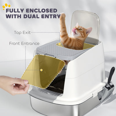 PawHut Large Stainless Steel Litter Box, Enclosed Metal Cat Litter Tray with Scoop, Deodoriser Bag, Front-Entry and Top-Exit 