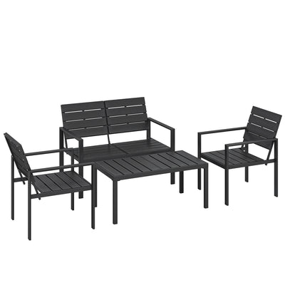 Outsunny 4 Piece Garden Furniture Set, Outdoor Sofa Set with HDPE Slatted Loveseat Armchairs Coffee Table Metal Frame, Black 