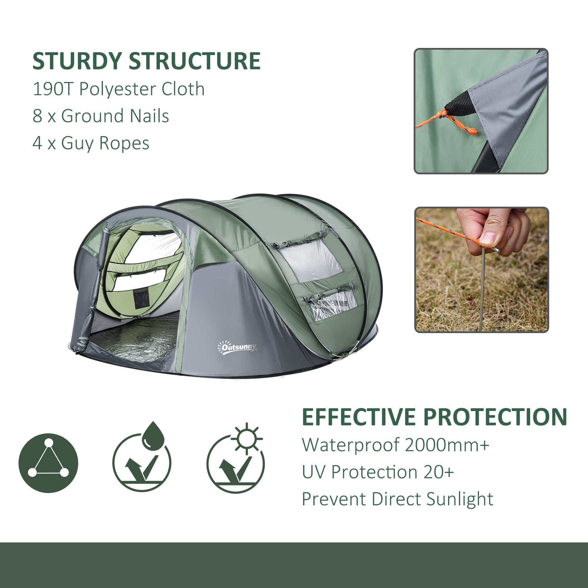 Outsunny 4-5 Person Pop-up Camping Tent Family Tent w/ 2 Mesh Windows & PVC Windows Portable Carry Bag for Outdoor Trip, Dark Green 