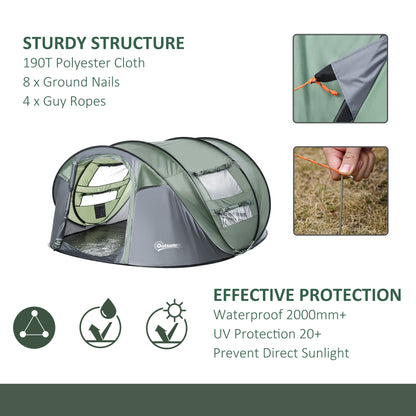 Outsunny 4-5 Person Pop-up Camping Tent Family Tent w/ 2 Mesh Windows & PVC Windows Portable Carry Bag for Outdoor Trip, Dark Green 