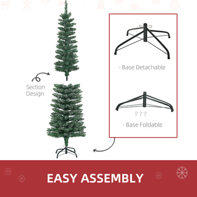 HOMCOM 5.5FT Artificial Snow Dipped Christmas Tree Xmas Pencil Tree Holiday Home Indoor Decoration with Foldable Black Stand, Green 