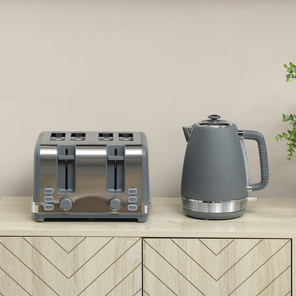 HOMCOM Stainless Steel Kettle and Toaster Set, 1.7L 3000W Rapid Boil Jug Kettle with UK Strix Thermostat, Limescale Filter, 4 Slice Toaster with 7 Browning Controls, Crumb Tray, Grey and Silver Tone