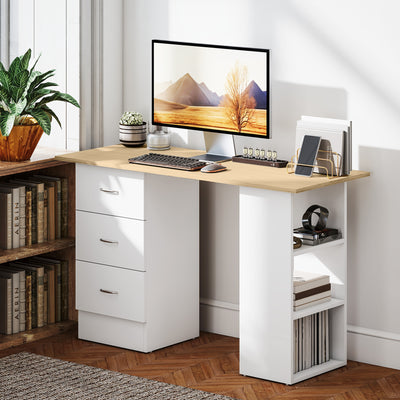 HOMCOM Computer Desk, Writing Table, PC Workstation with 3 Storage Shelves and Drawers, Silver Handle, for Home Office, Natural Wood Finish and White 