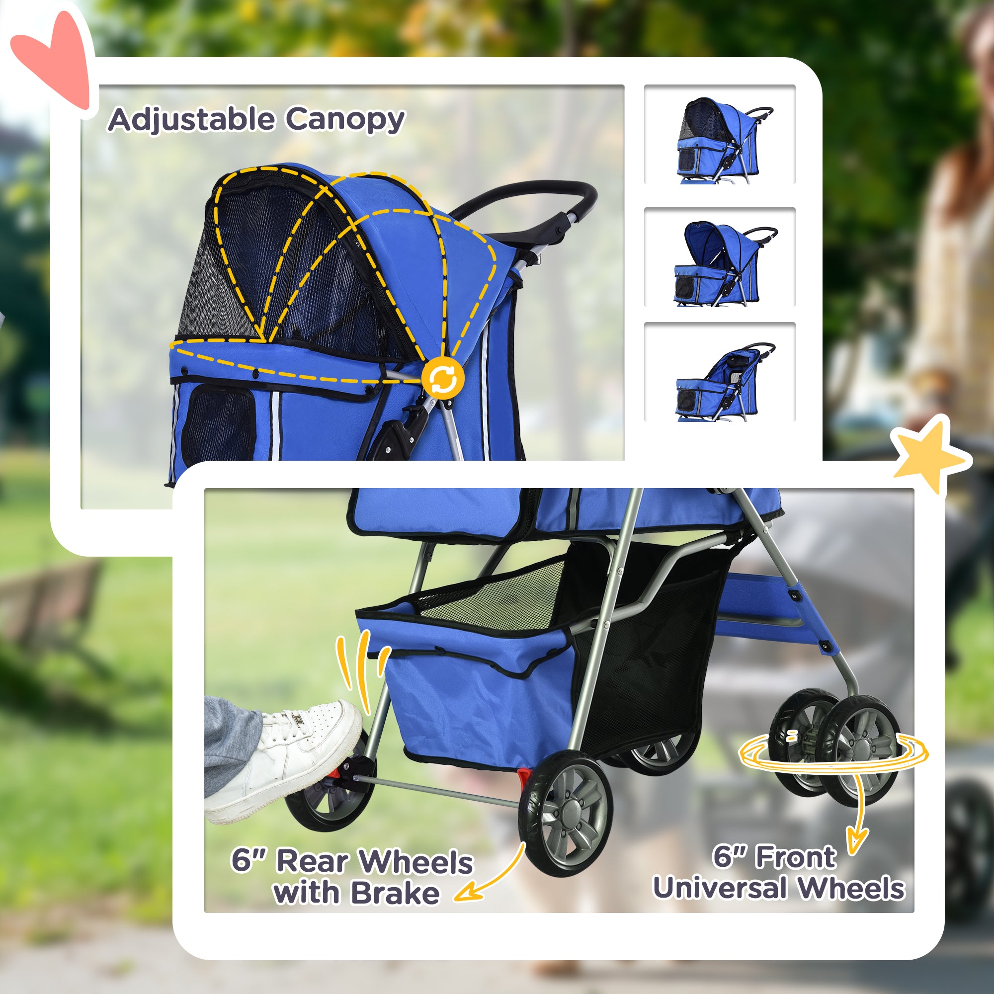 PawHut Pet Stroller for Small Miniature Dogs Cats Foldable Travel Carriage with Wheels Zipper Entry Cup Holder Storage Basket Blue 