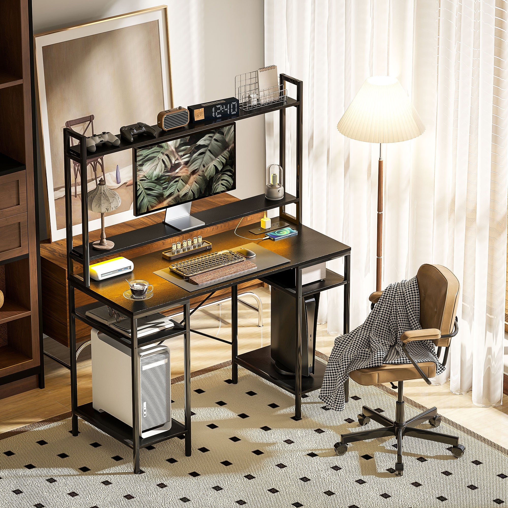 HOMCOM Computer Desk with Power Outlets and LED Lights, Home Office Desk with Monitor Stand and 2 CPU Stands, Study Table Gaming Desk with Hutch, Black 