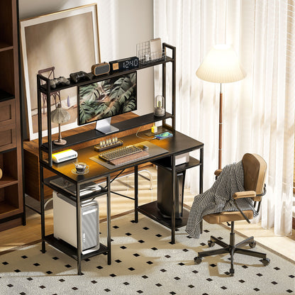 HOMCOM Computer Desk with Power Outlets and LED Lights, Home Office Desk with Monitor Stand and 2 CPU Stands, Study Table Gaming Desk with Hutch, Black 