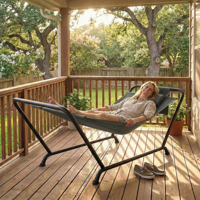 Outsunny Outdoor Hammock with Stand, Freestanding Hammock with Side Pocket, Headrest for Patio, Balcony, Porch, Dark Grey 