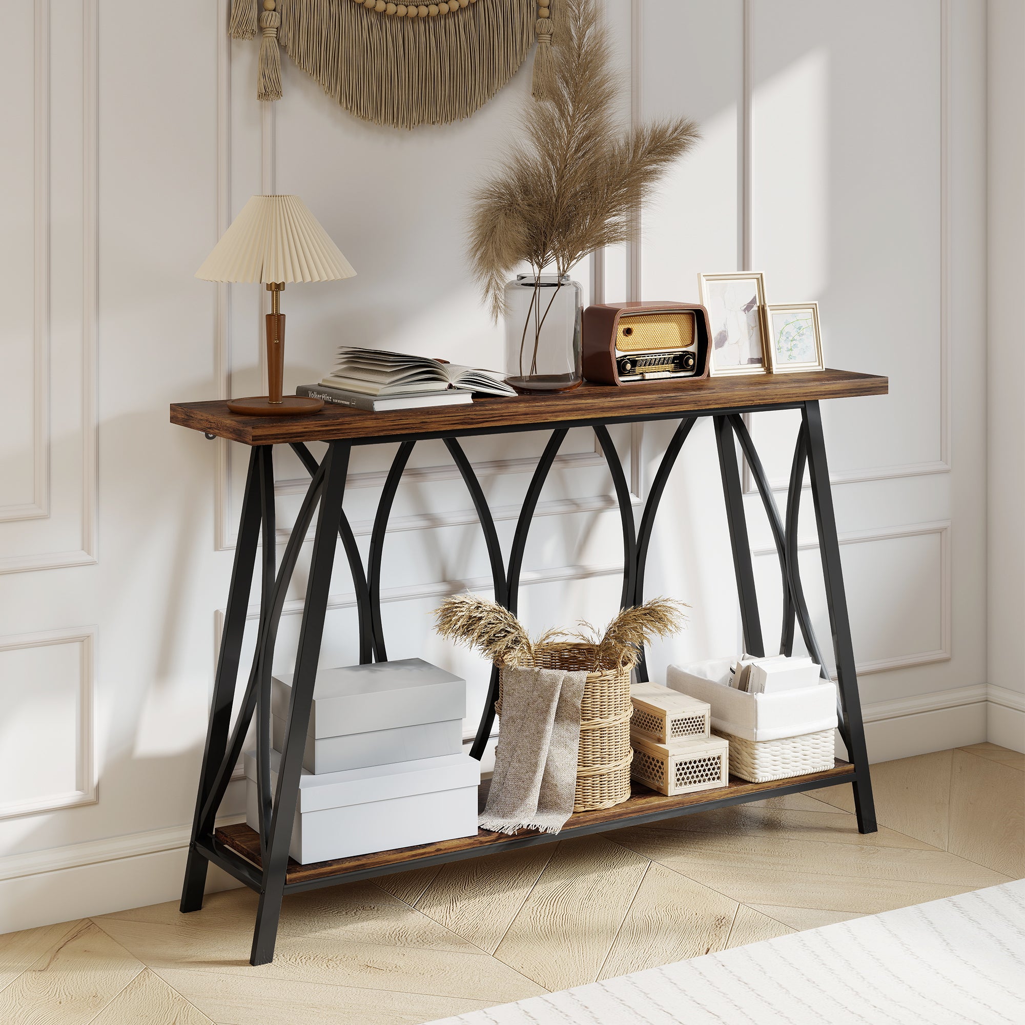 HOMCOM Narrow Console Table, Industrial 2-Tier Sofa Table with Metal Frame for Entryway, Living Room, 120x30x80cm, Rustic Brown 