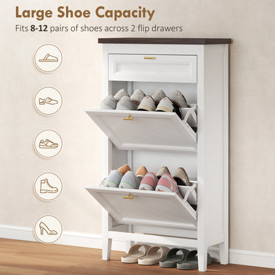 HOMCOM Shoe Cabinet with 2 Flip Drawers, Farmhouse Narrow Shoe Storage Cabinet with Adjustable Shelves, White 