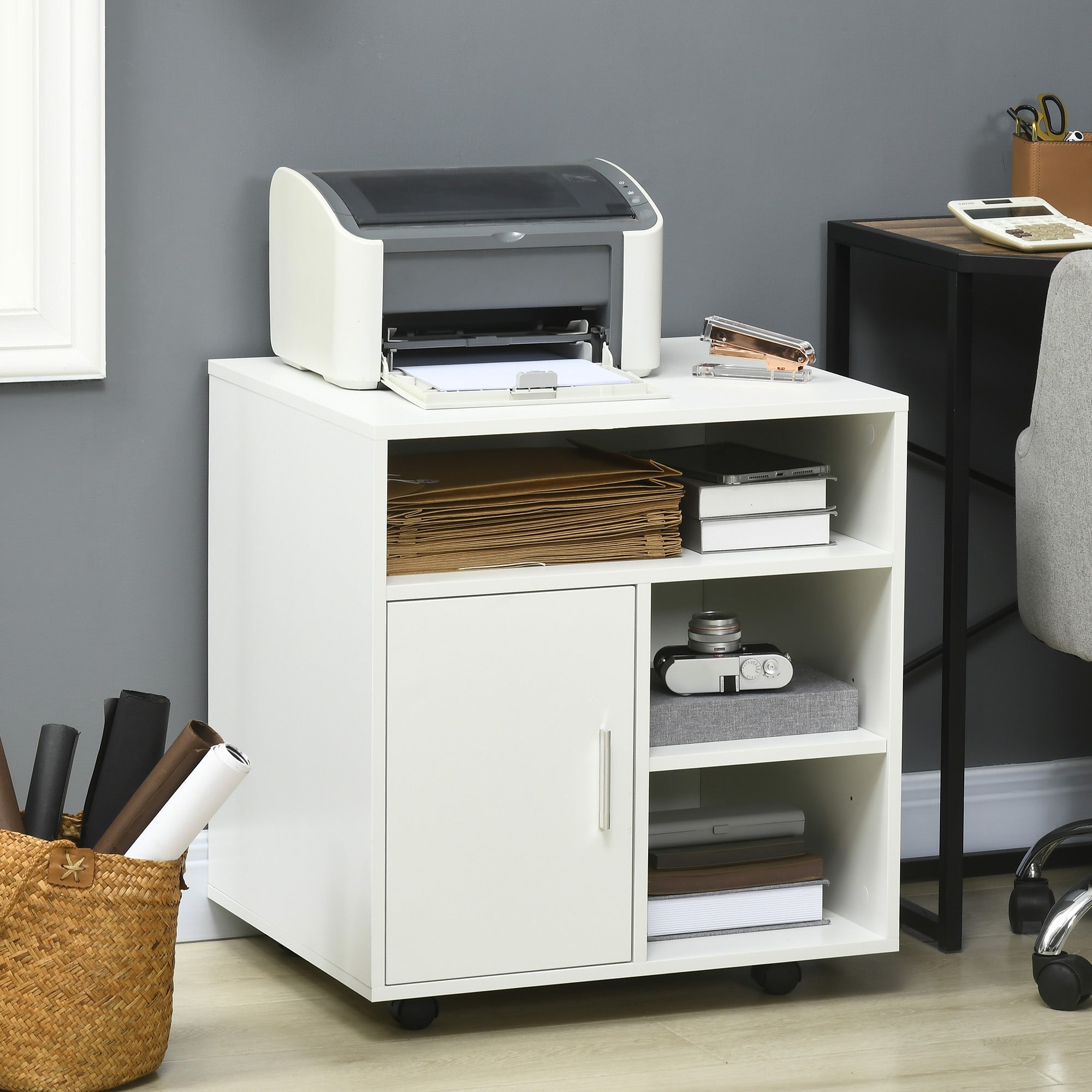 HOMCOM Multi-Storage Printer Stand Unit Office Desk Side Mobile Storage w/ Wheels Modern Style 60L x 50W x 65.5H cm - White 
