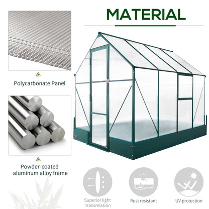 Outsunny 6x8 FT Polycarbonate Greenhouse with Base and Raised Bed, Walk-in Greenhouse with Aluminium Frame, Temperature Controlled Window, Foundation for Plants, Flowers, Vegetable 