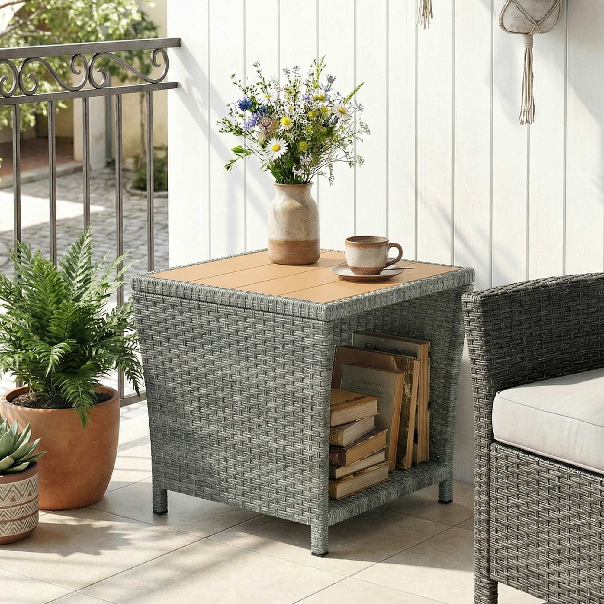 Outsunny Side Table 2-Tier Outdoor Coffee Table with Storage Shelf PS Wood Slat Top/Light Grey 