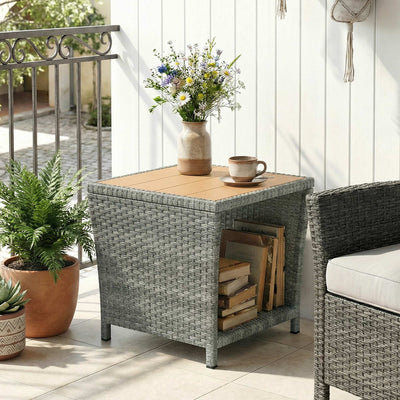 Outsunny Side Table 2-Tier Outdoor Coffee Table with Storage Shelf PS Wood Slat Top/Light Grey 