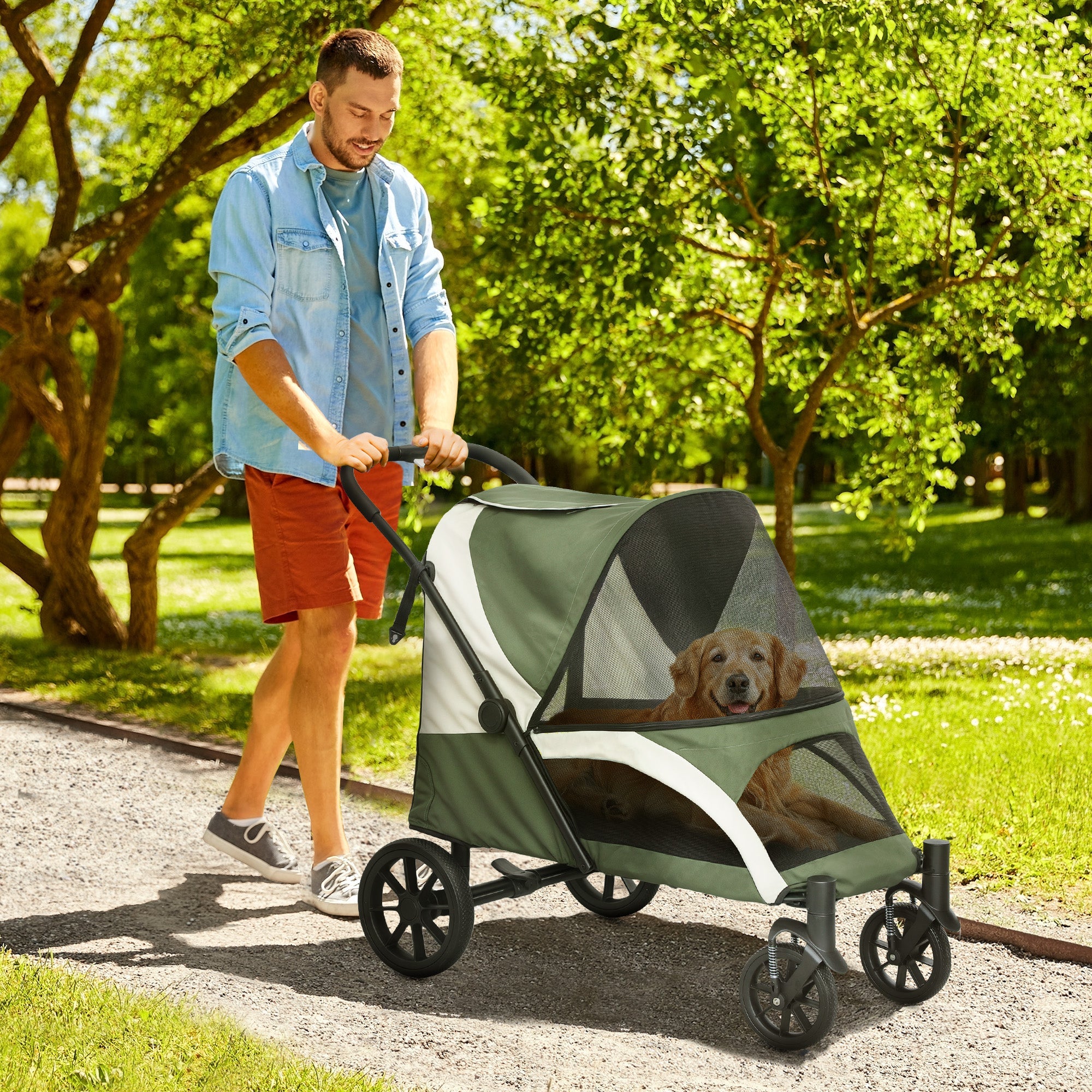 PawHut Easy Folding Pet Stroller for Large Dogs with 4 Big Wheels, Shock Absorb Frame, Safety Leashes, Brakes, Dark Green 
