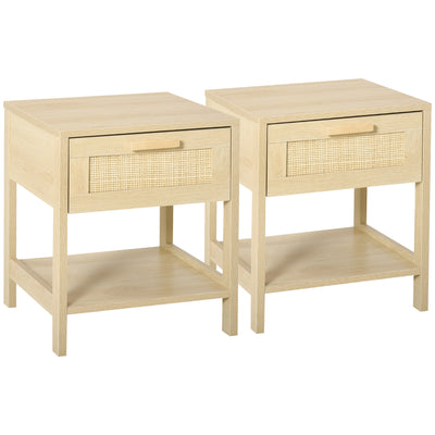 HOMCOM Bedside Table Set of 2 with Rattan Drawer, Rustic Side Tables with Storage Shelf for Bedroom, Living Room, Natural 