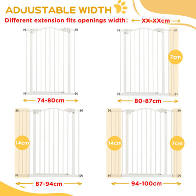 PawHut Pressure Fit Dog Stair Gate No Drilling Safety Gate Auto Close for Doorways, Hallways, 74-100cm Adjustable, 94cm Tall, White 