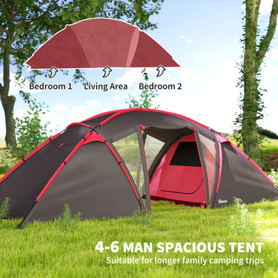 Outsunny 4-6 Man Family Camping Tent w/ 2 Bedrooms and a Living Room, Waterproof Tunnel Tent w/ Sewn In Groundsheet, Doors, Windows, Carry Bag, Grey 