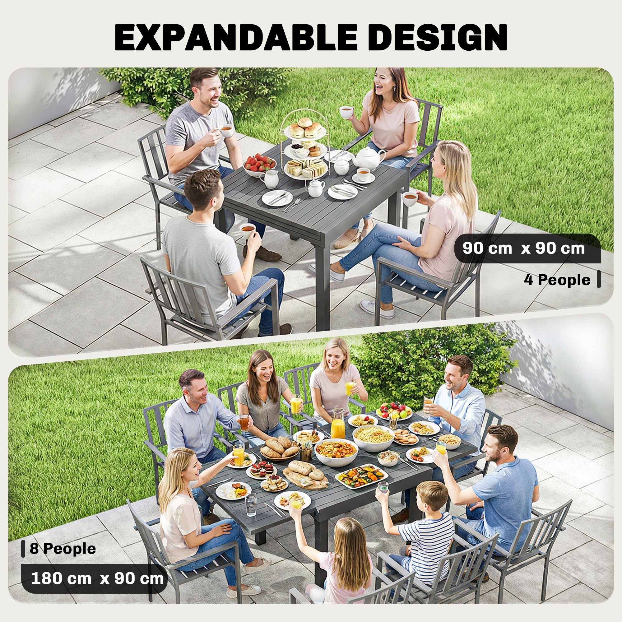 Outsunny Extending Garden Table for 4-8 People, Aluminium Outdoor Dining Table with Slatted Top, Dark Grey 