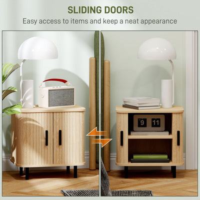 HOMCOM Bedside Table, Nordic Side Table with Roller Shutter Style Sliding Doors and Metal Legs for Bedroom, Living Room, Oak Tone 