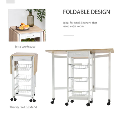 HOMCOM Drop-Leaf Kitchen Cart Trolley w/ 3 Baskets Drawer Surface Top 6 Universal Wheels Rolling Storage Unit Kitchen Home Dining Island White Oak Tone 