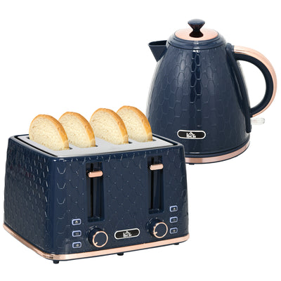 HOMCOM Kettle and Toaster Set, 1.7L 3000W Fast Boil Jug Kettle with Auto Shut Off, 4 Slice Toaster with 7 Level Browning Controls & Crumb Tray, Blue 