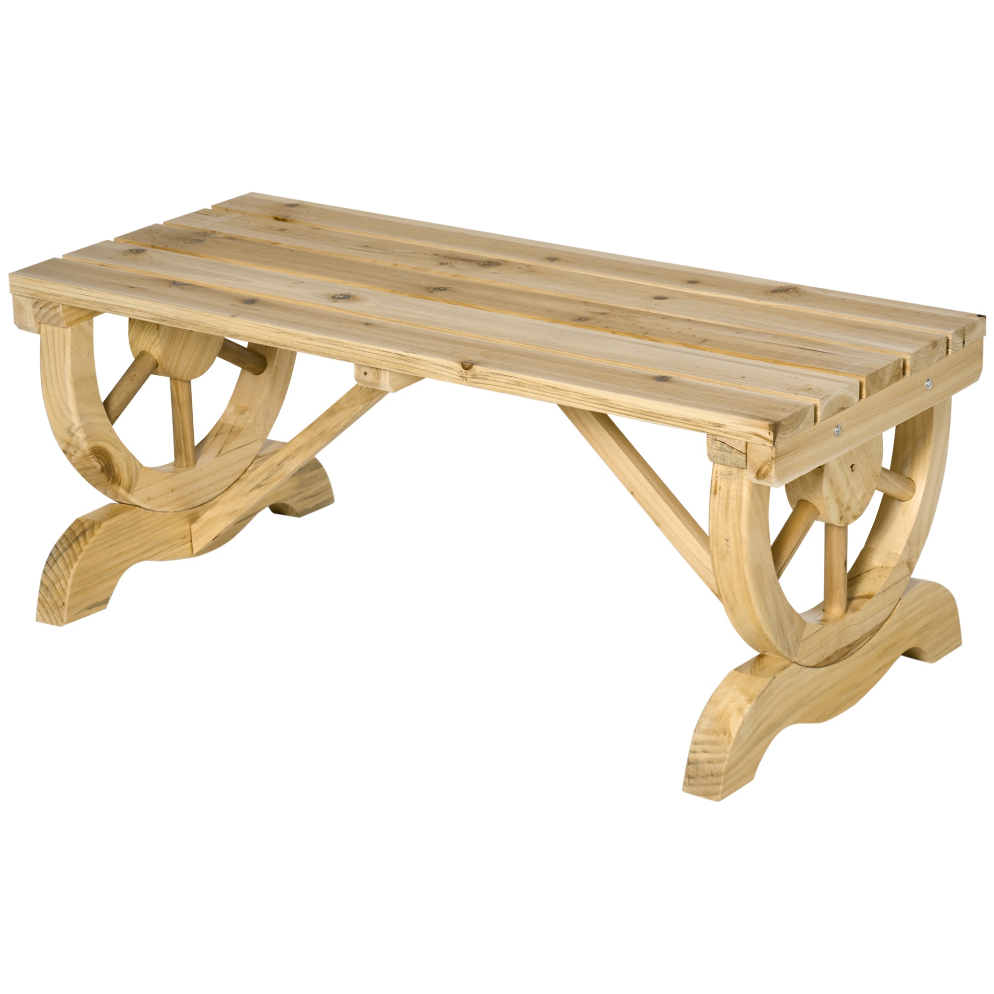 Outsunny 2-Person Garden Bench Rustic Wooden Outdoor Bench with Wheel-Shaped Legs Slatted Seat for Patio Natural Wood Effect 