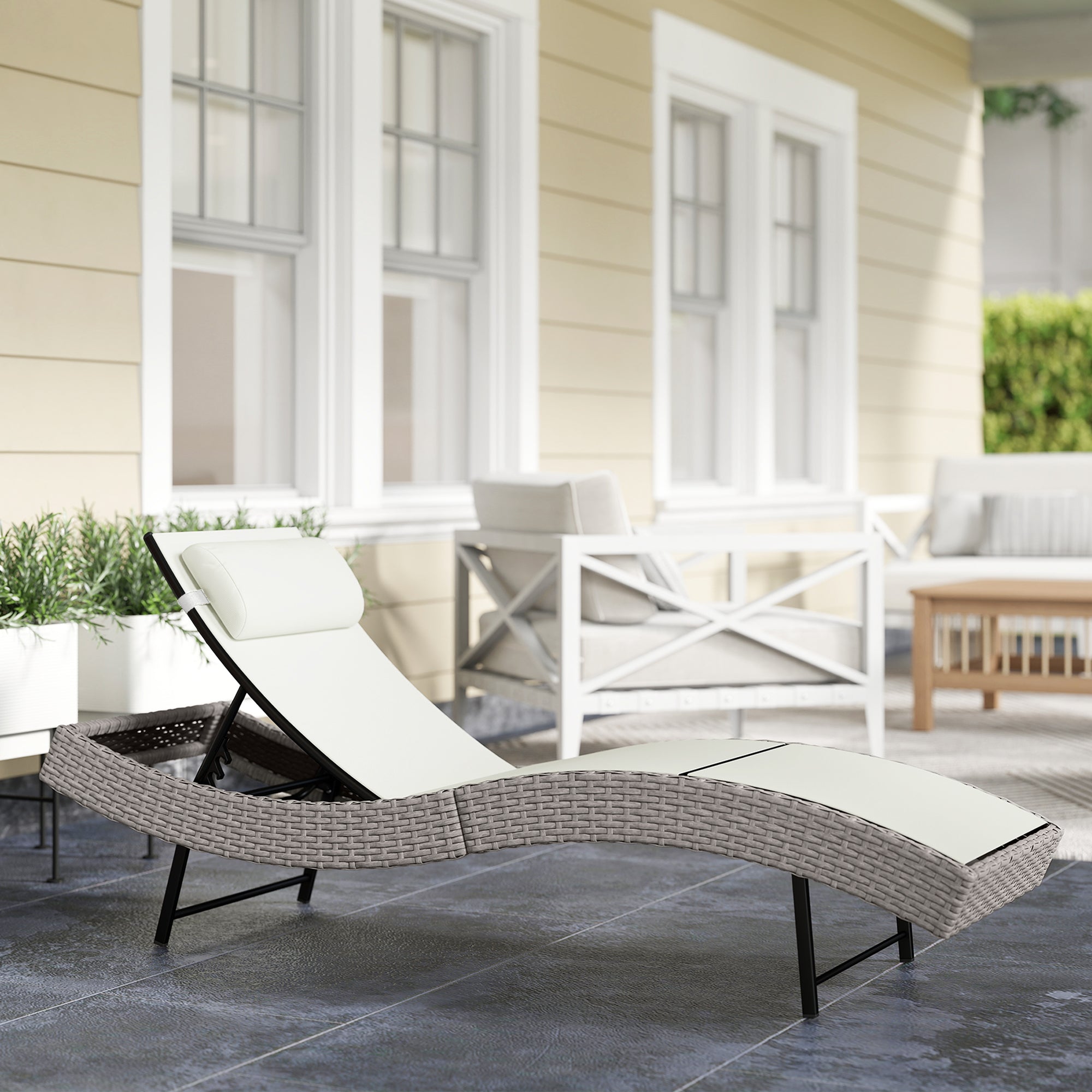 Outsunny Rattan Sun Lounger, Garden Recliner with 5 Position Adjustable Back, S Shaped Texteline Seat, Headrest, Cream White 