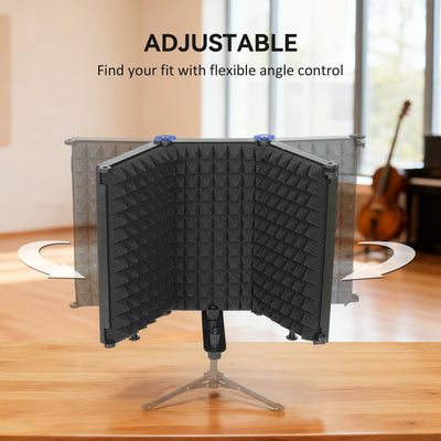 HOMCOM Studio Microphone Isolation Shield, Foldable Adjustable Recording Studio Equipment, 3-Panel High Density Absorbent Foam Shield with 3/8" Threaded Mount, Black 