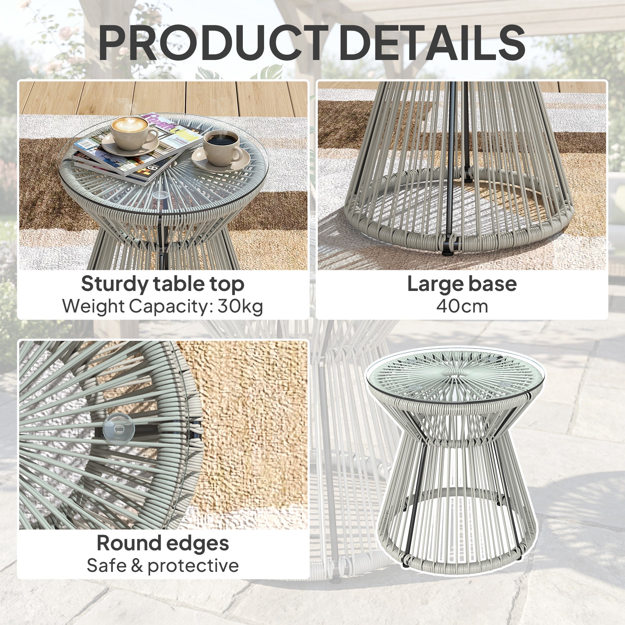 Outsunny Rattan Outdoor Coffee Table, PE Rattan Wicker Bistro Side Table with Tempered Glass Top, Light Grey 