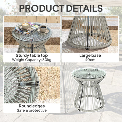 Outsunny Rattan Outdoor Coffee Table, PE Rattan Wicker Bistro Side Table with Tempered Glass Top, Light Grey 