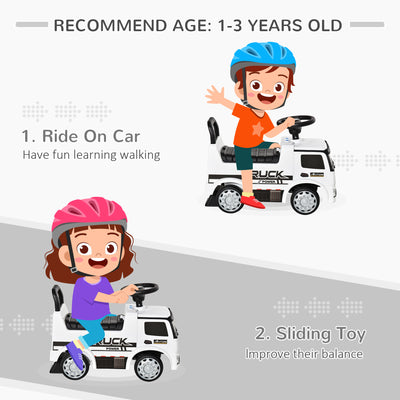 HOMCOM 3-in-1 Ride On Car Foot To Floor Slider Toddler w/ Horn Steering Wheel NO POWER Manual Under Seat Storage Safe Design for 1-3 Year Old White 