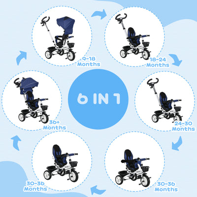 HOMCOM Metal Frame 6 in 1 Baby Push Tricycle with Parent Handle for 1-5 Years Old, Dark Blue 