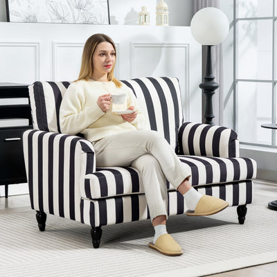 HOMCOM Modern Cuddle Chair, Velvet Single Sofa Armchair with Stripe, Turned Legs and Wide Seat, Upholstered Snuggle Chair for Living Room, Bedroom, Black and White 