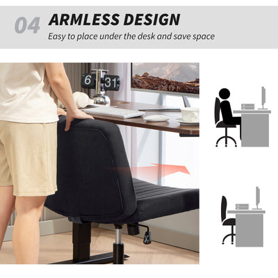 HOMCOM Armless Office Chair No Wheels, Linen Fabric Criss Cross Legged Desk Chair with Wide Seat, Thick Padding, Tilt Function, Height Adjustable Swivel Computer Seat for Home, Black 