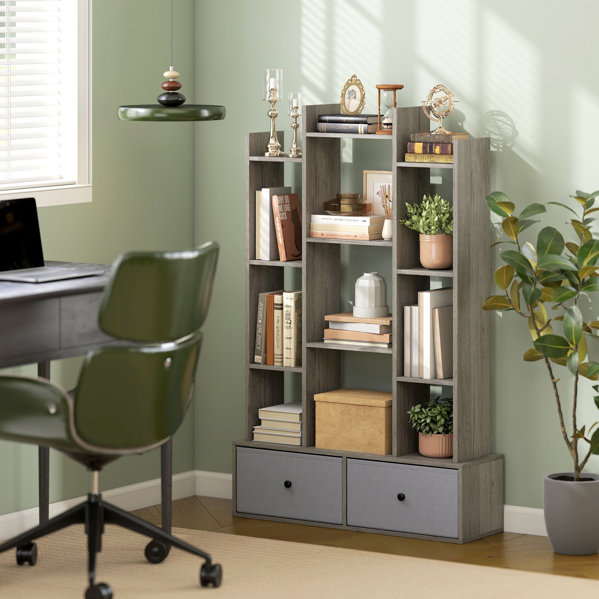 HOMCOM 12 Shelf Storage Unit, with Drawers - Graphite Wood Effect 
