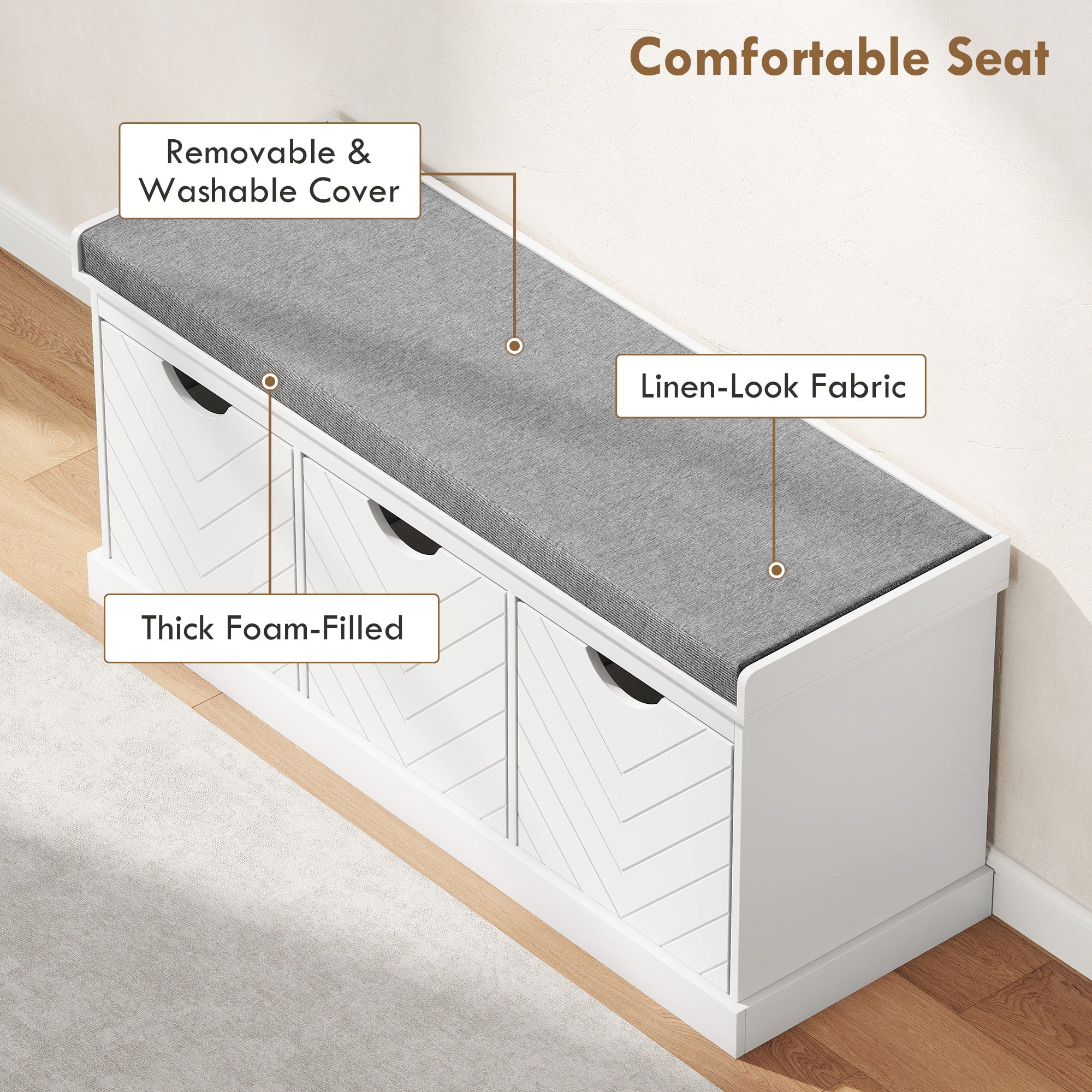 HOMCOM 3-Drawer Padded Shoe Bench with Breathable & Washable Linen-look Cover, White 