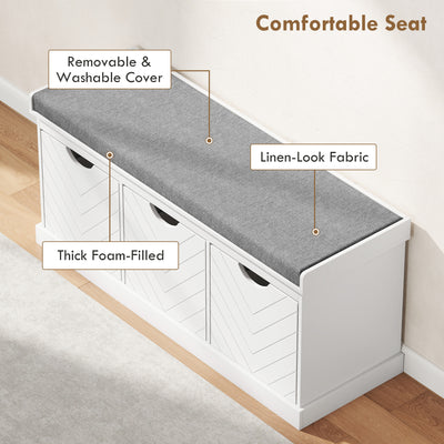 HOMCOM 3-Drawer Padded Shoe Bench with Breathable & Washable Linen-look Cover, White 