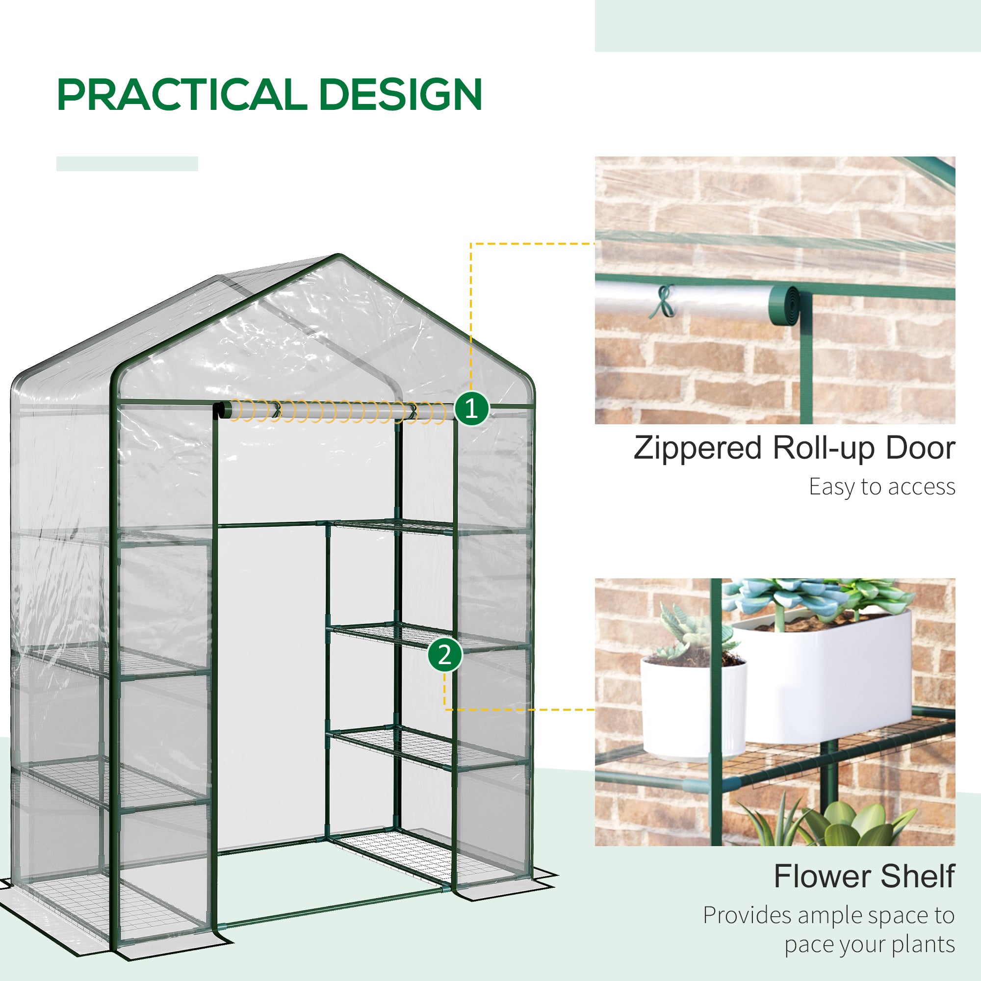 Outsunny Walk in Greenhouse with 4-Tier 8 Shelves, Green House with Hemmed Cover, Roll-up Zipped Door, Steel Frame, 143 x 73 x 195cm 