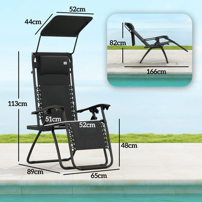 Outsunny Zero Gravity Lounger Chair Set of 2, Folding Reclining Patio Chair with Shade Cover, Padded Seat, Cup Holder, Soft Cushion and Headrest for Poolside, Camping, Black 