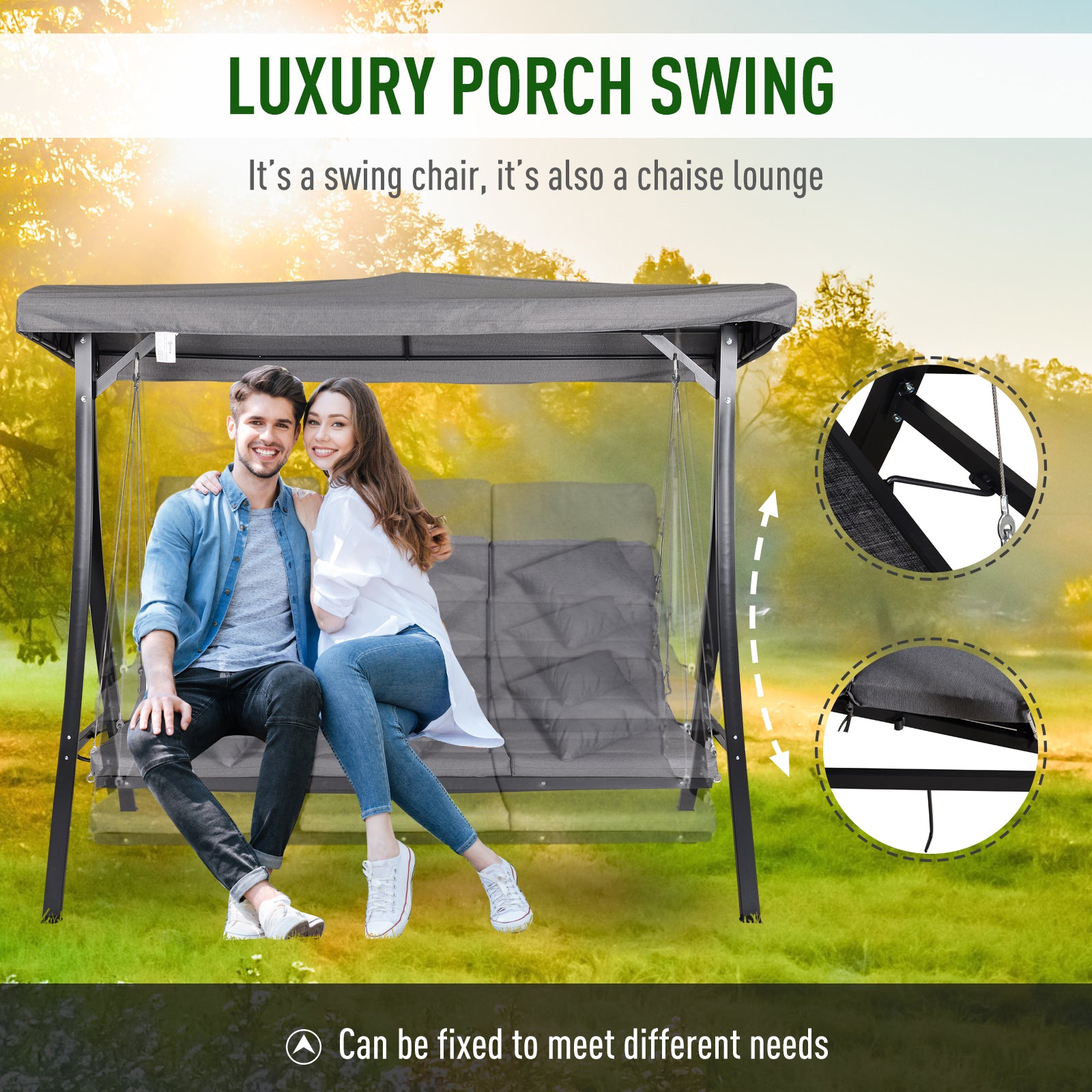 Outsunny 3 Seater Garden Swing Seat Outdoor Swing Chairs Chaise Lounge Padded Seat Hammock Canopy Porch Patio Bench Bed Recliner Sun Lounger - Grey 