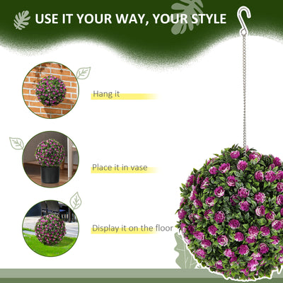 HOMCOM Set of 2 Decorative Artificial Plants, UV-protected Artificial Plant Topiary Rose Balls, Fake Plants for Home Indoor outdoor Decor, 28cm, Purple 