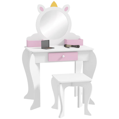 ZONEKIZ Unicorn-Design Kids Dressing Table, with Mirror and Stool - White 