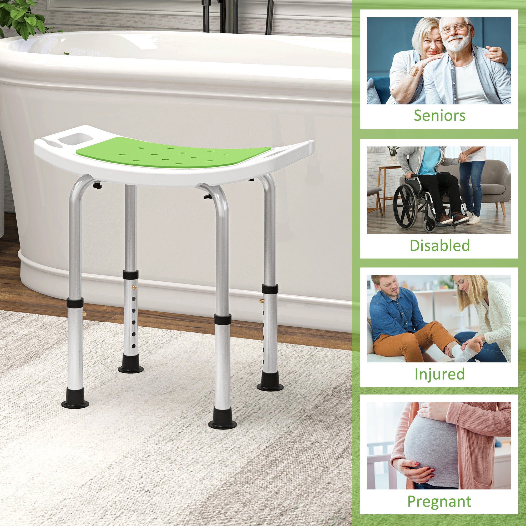 HOMCOM 6-Level Height Adjustable Aluminium Bath Room Stool Chair Shower Non-Slip Design w/ Padded Seat Drainage Holes Foot Pad, Green 