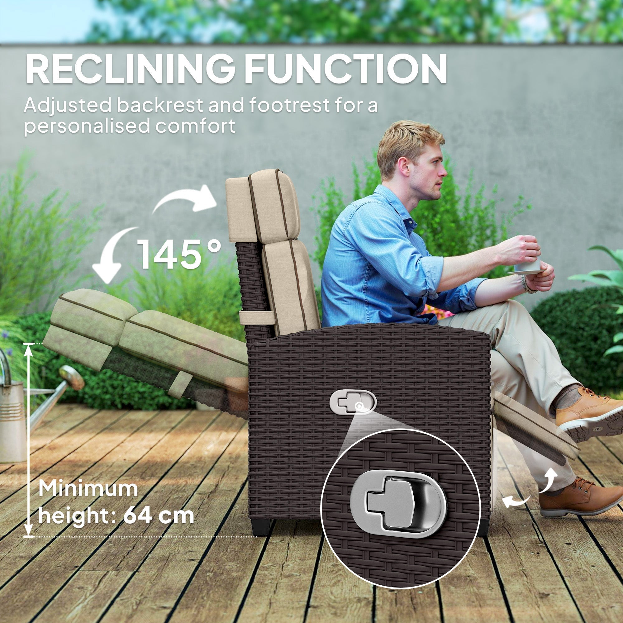 Outsunny Rattan Garden Recliner Chair, Adjustable Backrest Reclining Rattan Chair with Flip Table, Cushion and Footrest, Indoor Outdoor Lounge Reclining Sun Lounger for Patio, Dark Brown/Khaki 