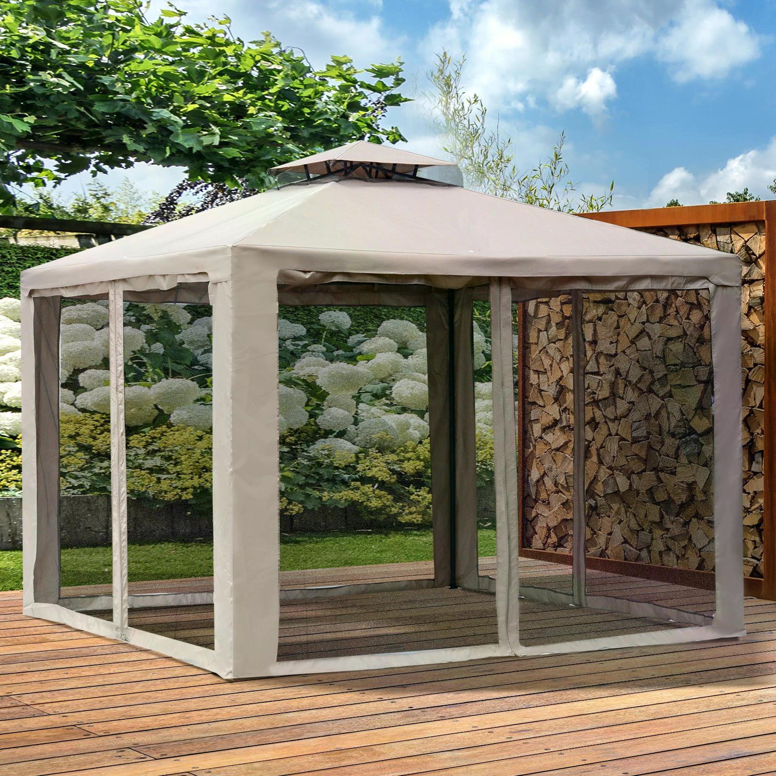 Outsunny Outdoor Gazebo, 2-tier Roof W/Netting, 295L x 295W x 263Hcm-Taupe 