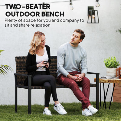 Outsunny 2 Seater Rattan Garden Bench, Outdoor Bench with Quick-Drying Cotton Padding, Wicker Garden Loveseat with Armrests, Steel Frame for Patio, Park, Mixed Brown 