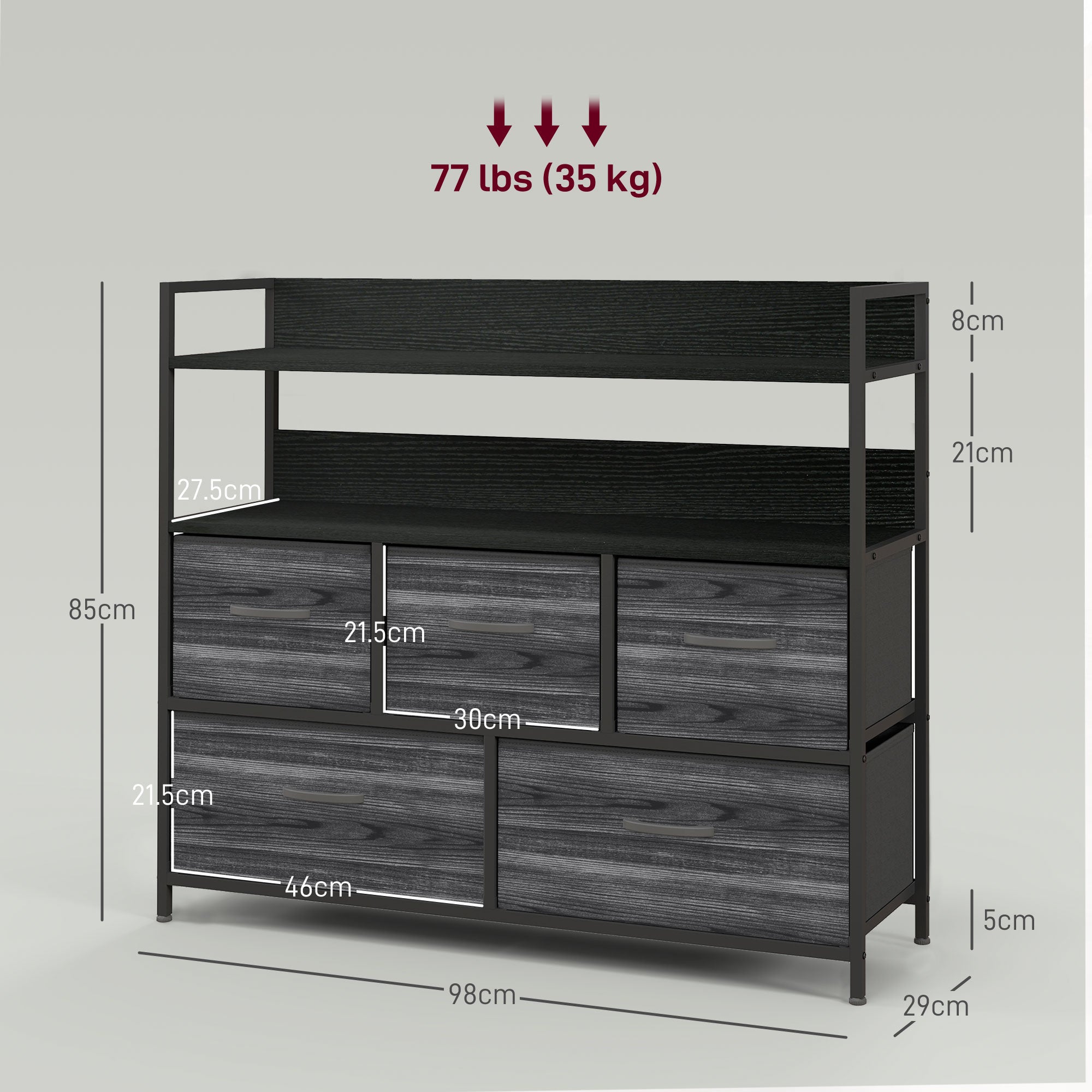 HOMCOM Rustic Chest of Five Fabric Drawers - Black 